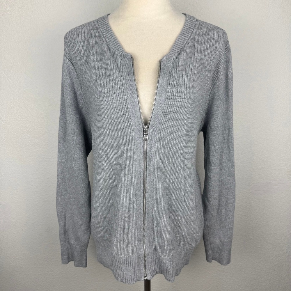 Lands End Women's Gray Full Zip Cotton Modal Knit Cardigan Sweater Size Large